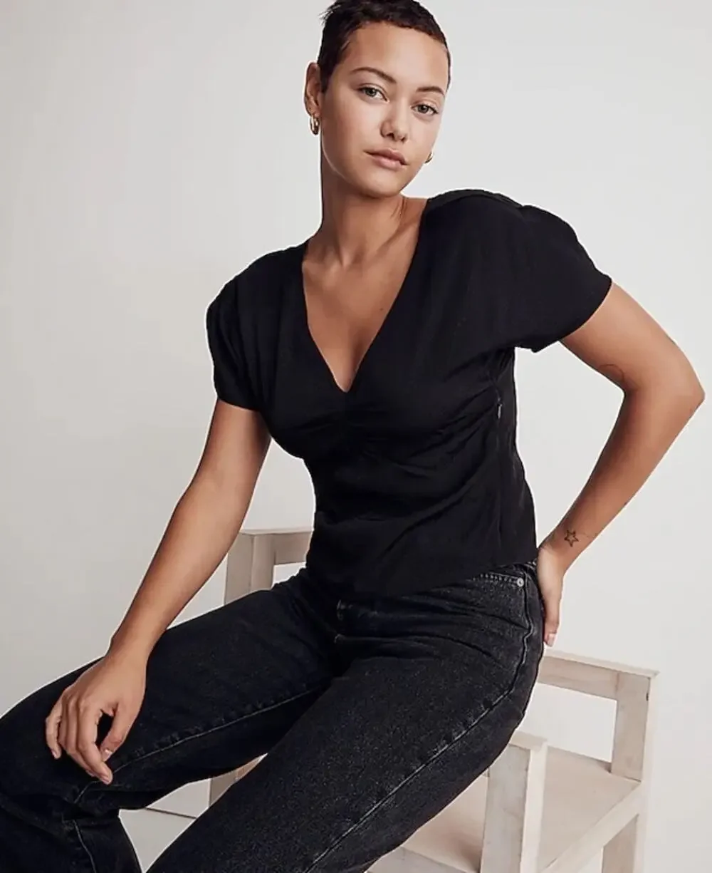 Madewell Puff-Sleeve Top in Floral Jacquard in black size 10